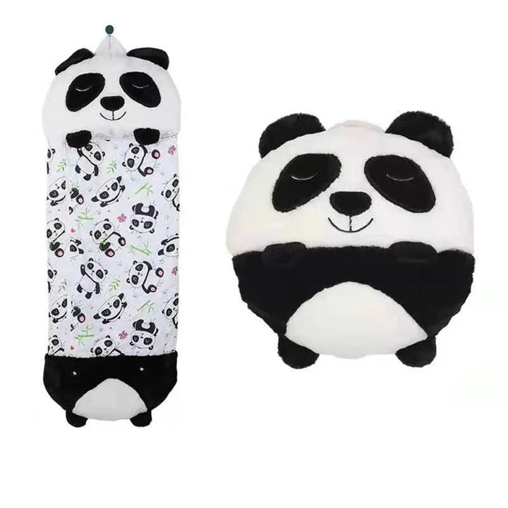 Cute animal sleeping bag for kids, converts to a plush cuddle toy. Perfect for naps & sleepovers.