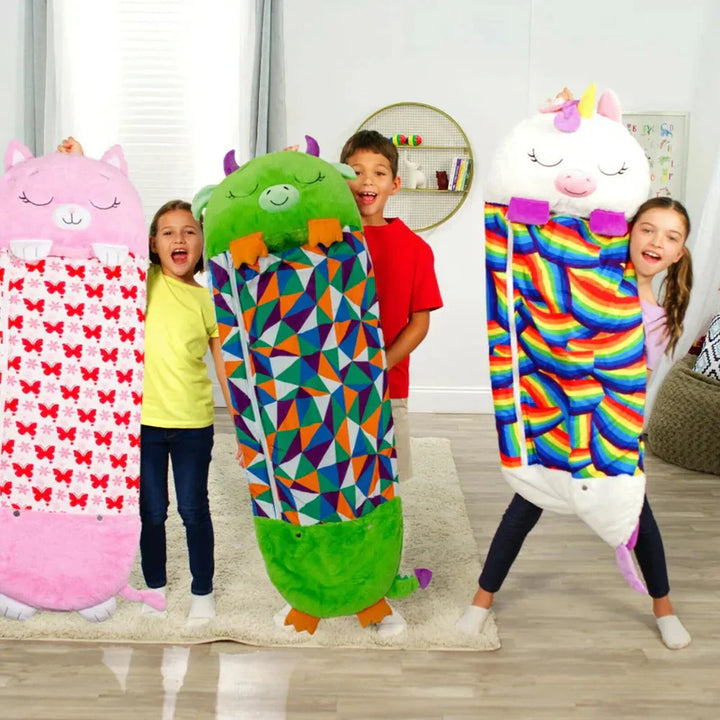 Plush animal kids sleeping bag, doubles as a fun cuddle toy. Ideal nap mat for sleepovers.