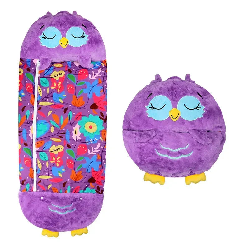 Cozy 2-in-1 animal sleeping bag and cuddle toy for children. Great for bedtime and playtime.
