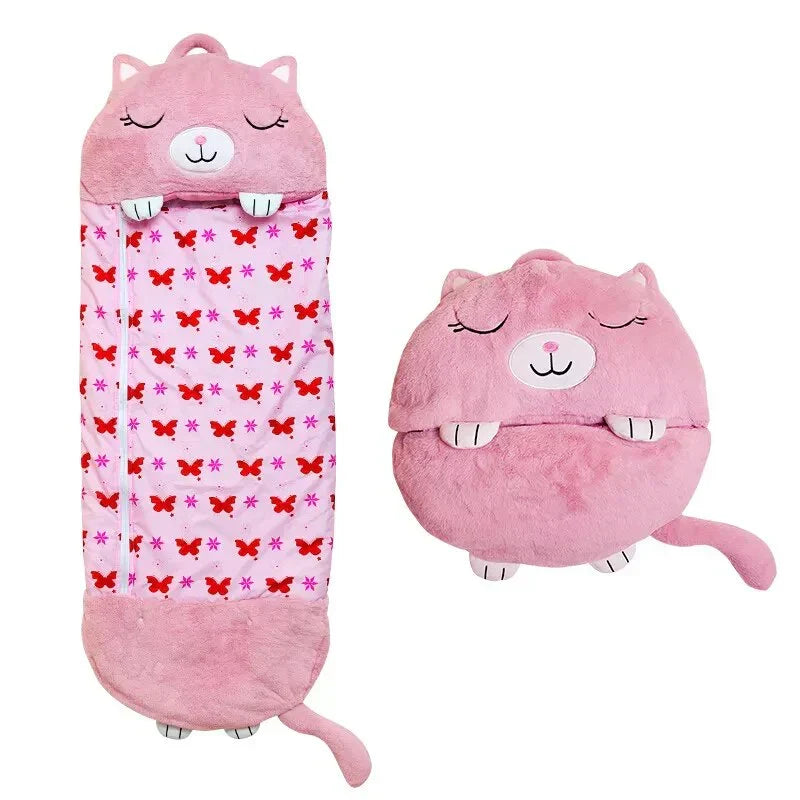 Adorable animal-themed kids sleeping bag & plush pal. Versatile children's bedding for home or trips.
