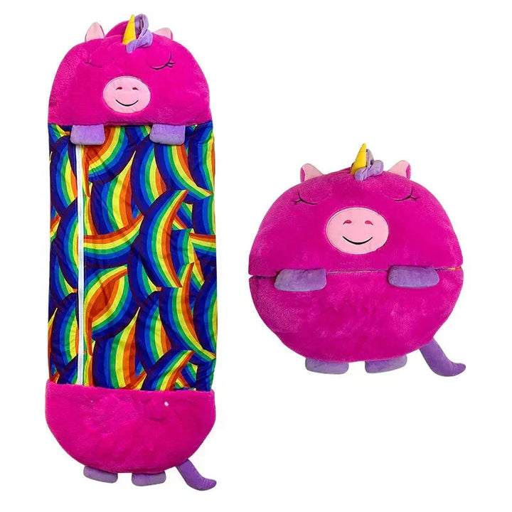 Fun animal sleeping bag for kids, also a soft cuddle toy. Comfortable children's nap mat for any adventure.