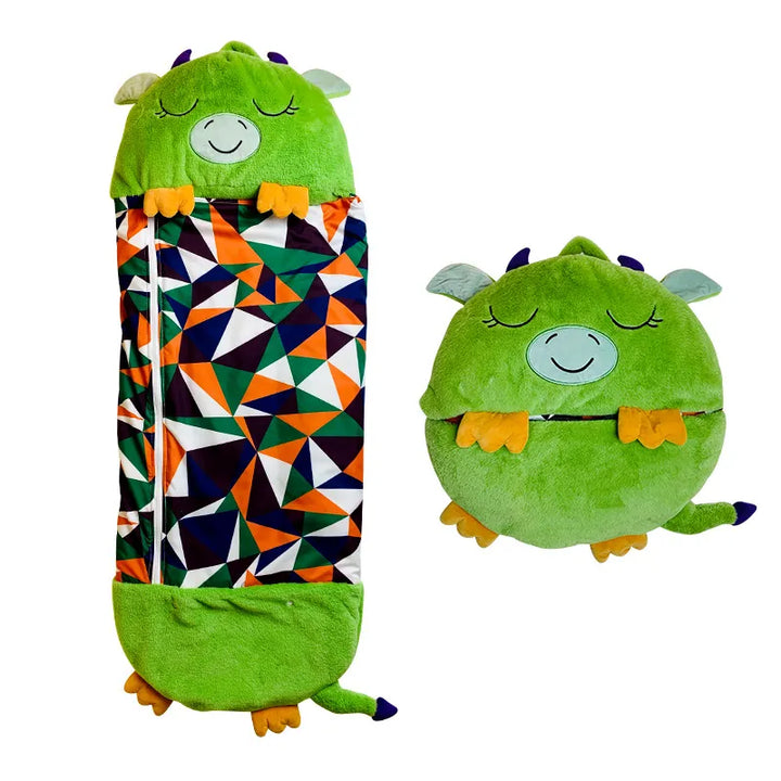 Convertible animal sleeping bag for toddlers. Plush toy design offers warmth & a friendly companion.