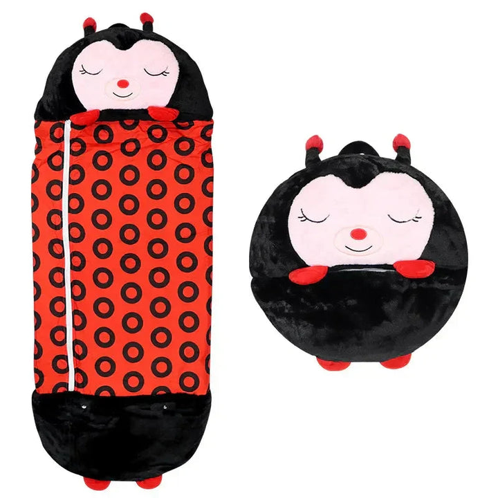 Kids' portable animal sleeping bag and cuddle toy. Soft plush nap mat for easy sleepovers.