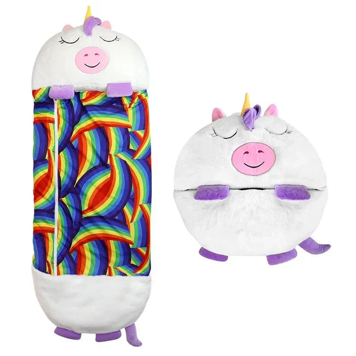 Cute animal face sleeping bag for children. Unzips from a plush toy into a cozy nap mat.