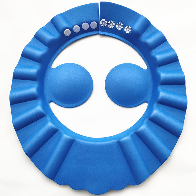 Blue EVA baby bath hat with adjustable strap for secure fit and effective eye/ear protection.