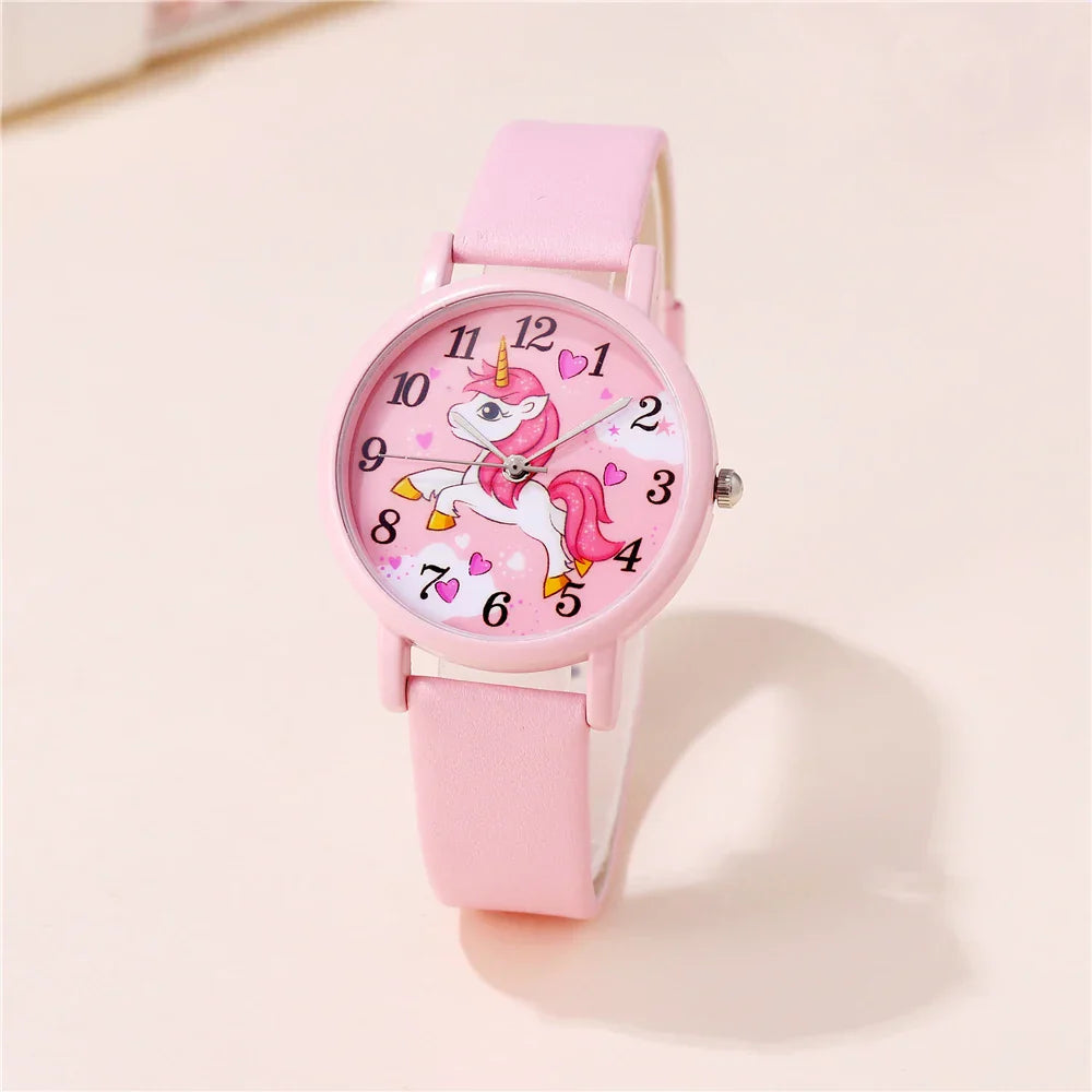 Cute children's unicorn watch with a durable PU leather band, perfect for girls learning time.