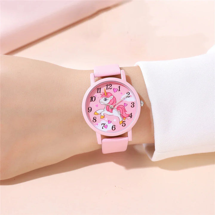 Girls' magical unicorn watch with a vibrant cartoon face and a soft, resilient PU leather band. Ideal gift.