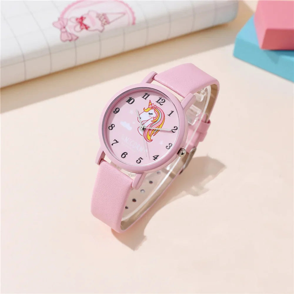Kids' time learning watch; adorable unicorn design on a pink dial with a sturdy PU leather strap.