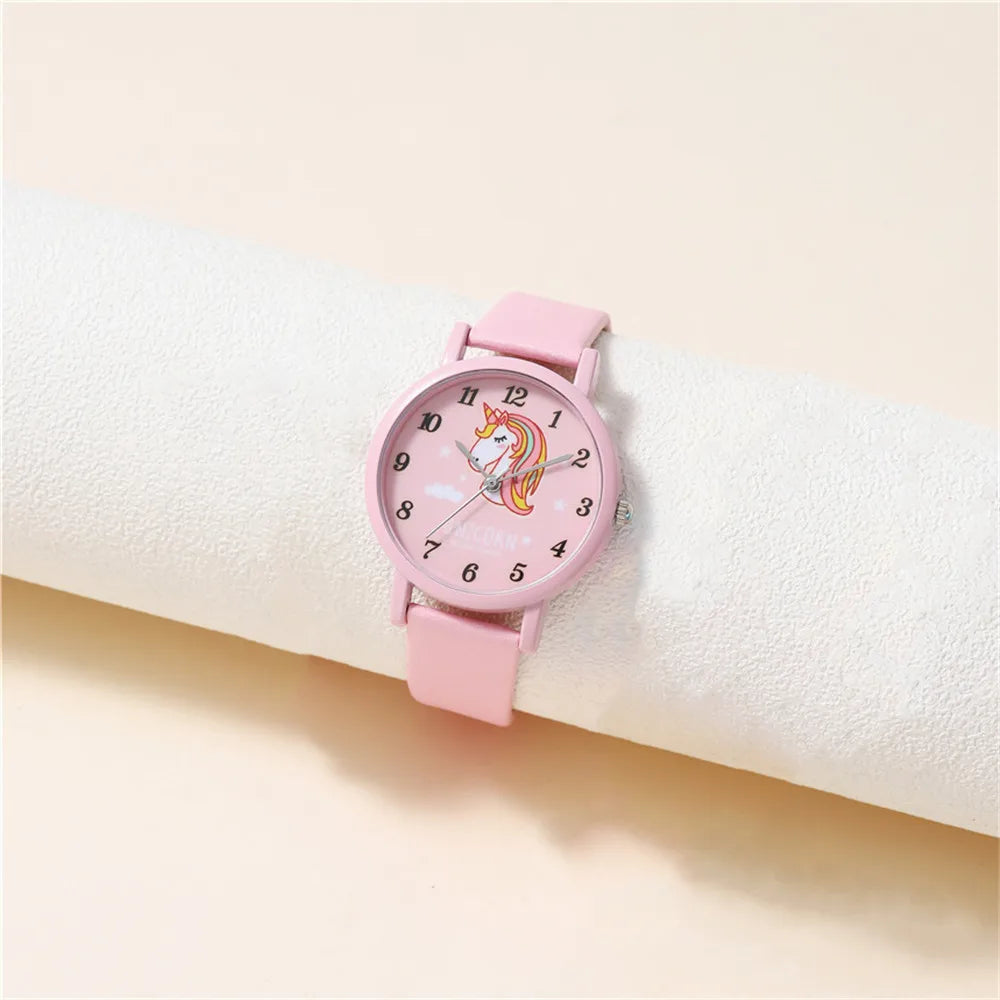 Close-up of a charming unicorn watch for children, showcasing the colorful dial and quality PU leather band.