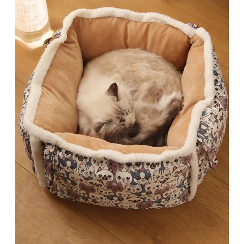 Washable pet bed: an ultimate comfort cat sleeping basket with a charming pattern.
