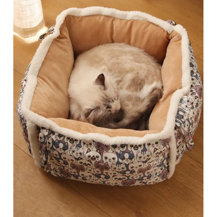 Washable pet bed: an ultimate comfort cat sleeping basket with a charming pattern.