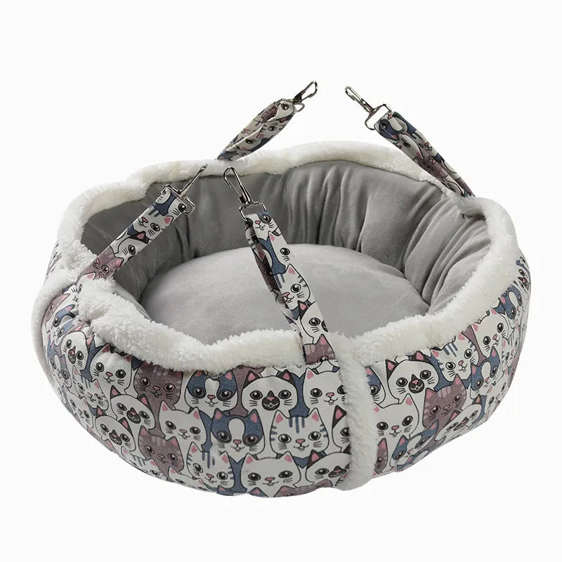 Cozy round cat bed with a cute pattern, designed for a peaceful and soft feline sleep.