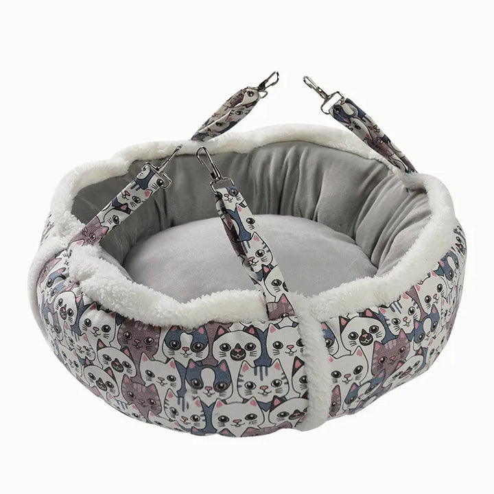 Cozy round cat bed with a cute pattern, designed for a peaceful and soft feline sleep.