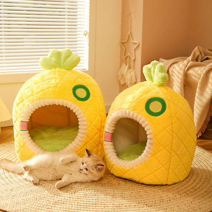Cute pineapple cat bed cave for cozy feline sleeping. Soft, comfortable pet hideaway furniture.