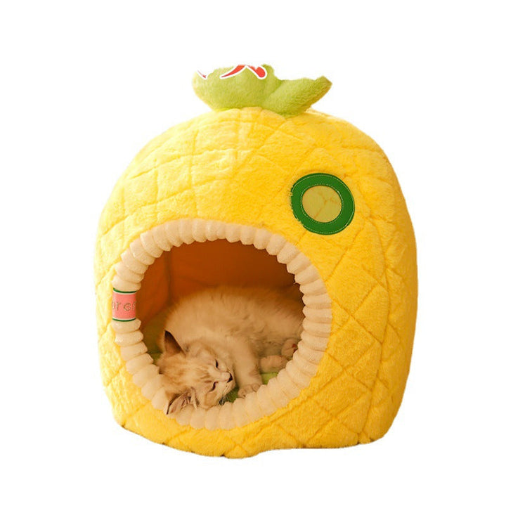 Soft, plush cat cave bed, shaped like a pineapple, providing a cozy and private sleeping hideaway for pets.