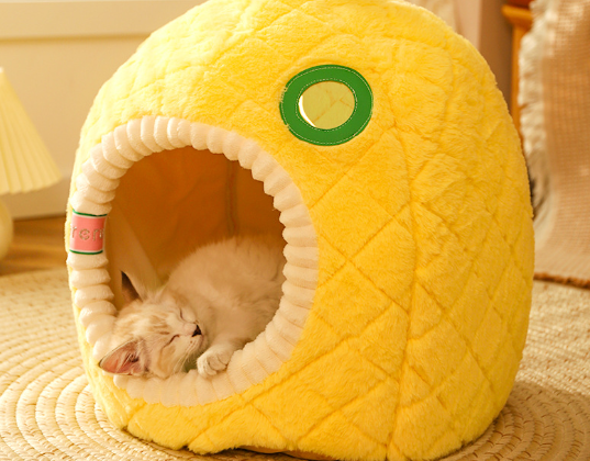 Playful unisex pineapple pet bed cave. Comfortable, soft cat sleeping hideaway, perfect feline furniture.