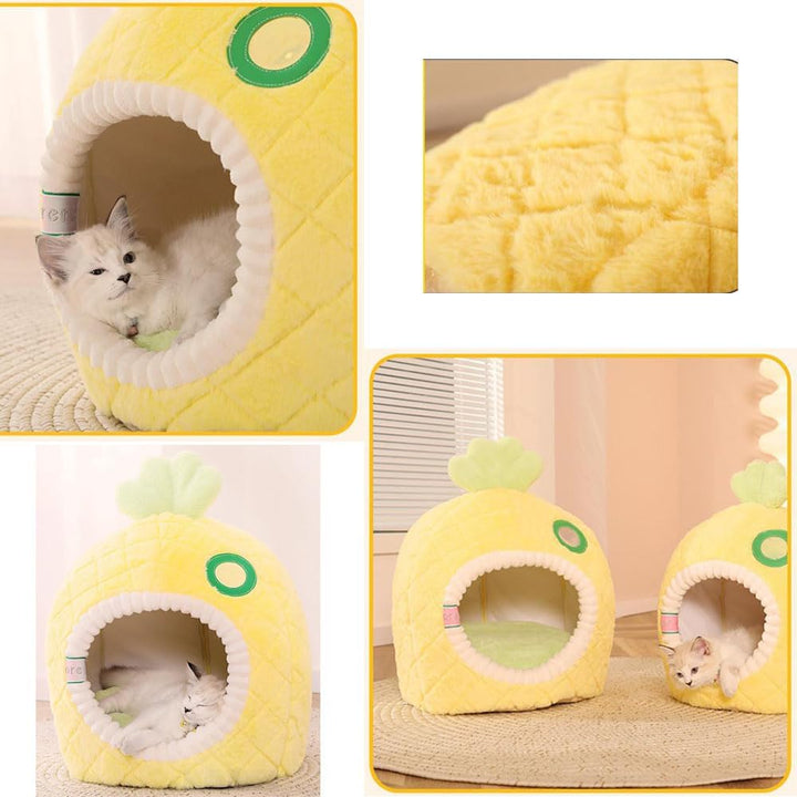 Cozy pineapple cat bed cave. Soft, comfortable hideaway for any feline, a warm pet sleeping retreat.