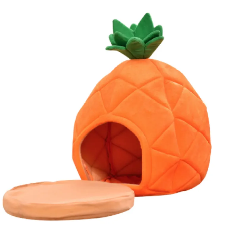 Cute pineapple design cat sleeping cave for cozy pet hideaway. Soft, warm cat bed accessory.