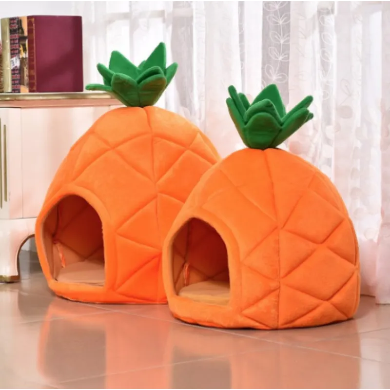 Soft plush cat bed, pineapple design cat cave for ultimate pet comfort and cozy sleep.