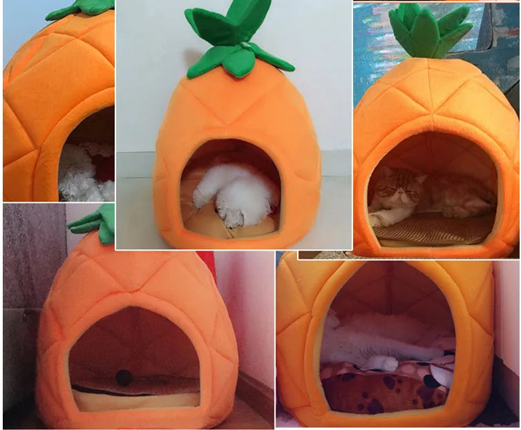 Pineapple cat bed, soft pet hideaway. Cozy cat cave for sleeping and relaxation. Cute pet accessory.
