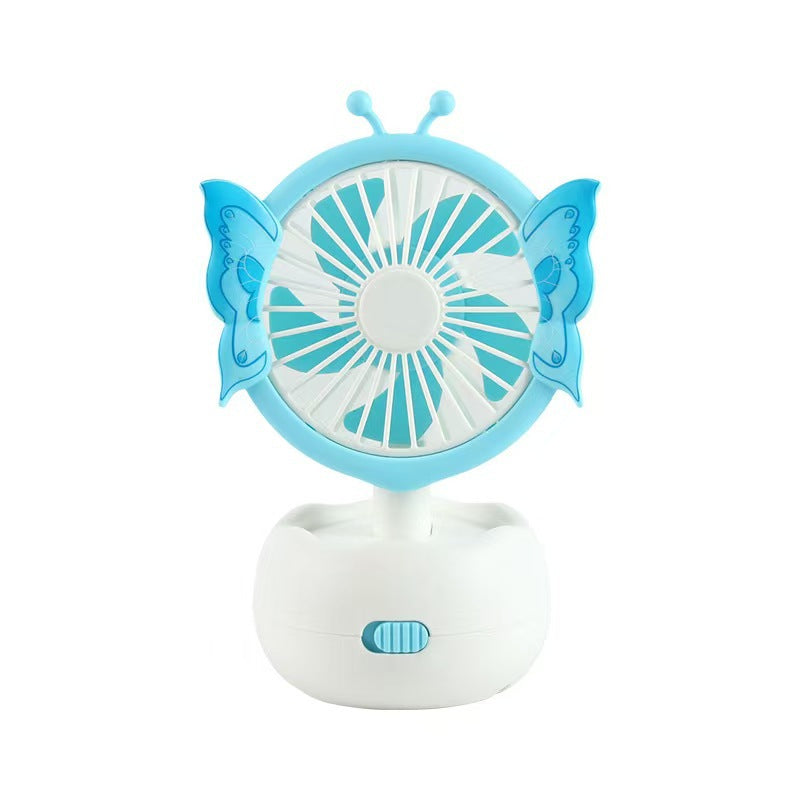 Cute pink butterfly kids rechargeable portable desk fan with silent operation, perfect for nursery summer cooling.