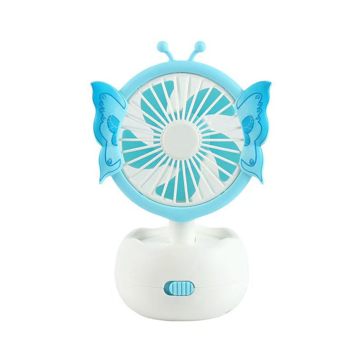 Cute pink butterfly kids rechargeable portable desk fan with silent operation, perfect for nursery summer cooling.