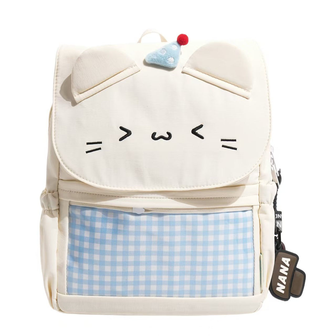 Cute pink character school backpack for kids, playful design, primary school student bag, durable.