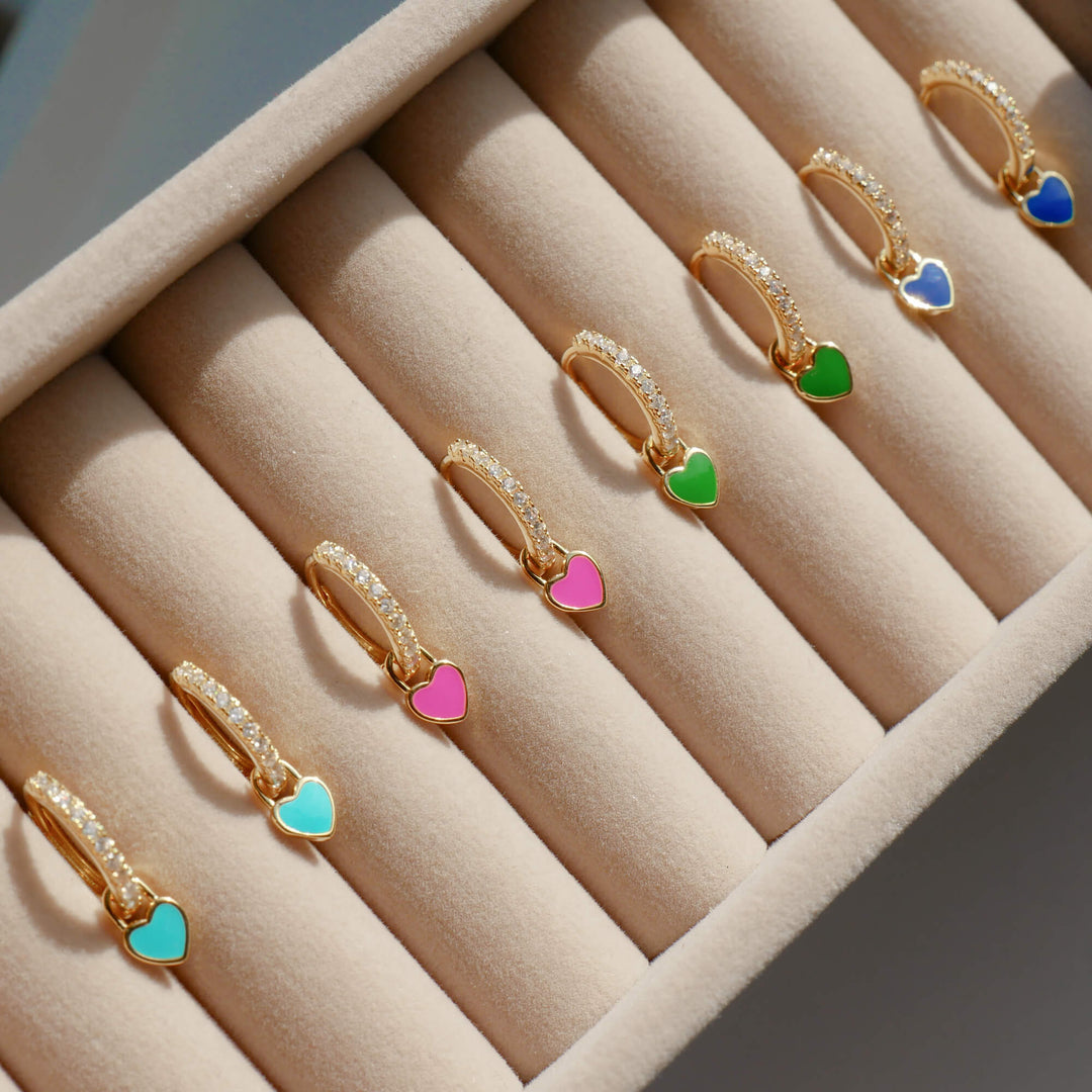 Gold plated dainty heart charm huggie hoop earrings, stylish women's everyday jewelry.
