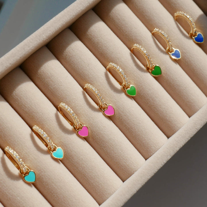 Gold plated dainty heart charm huggie hoop earrings, stylish women's everyday jewelry.