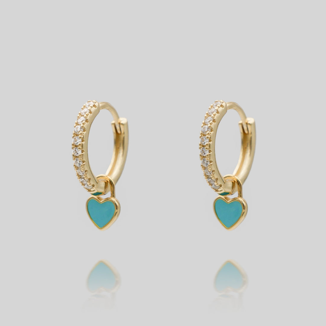 Pave dainty heart huggie hoop earrings, shimmering gold plated women's jewelry.