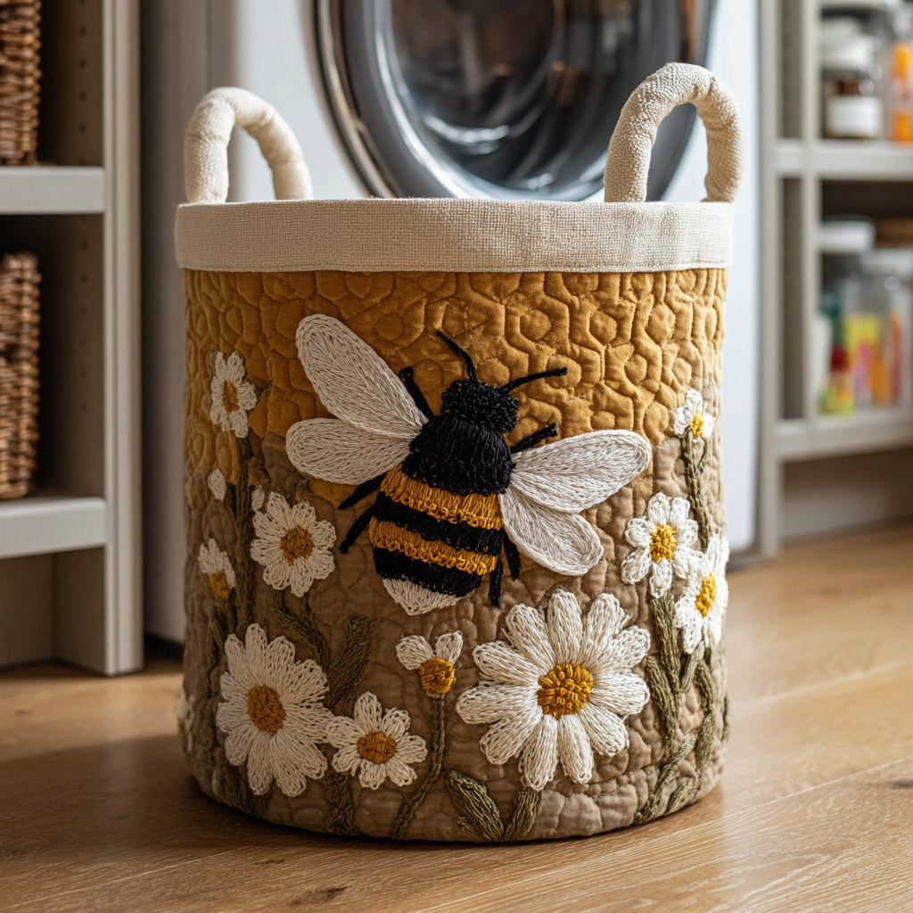 Daisy Bee quilted laundry basket for home organization, washable & foldable storage bin, perfect for bedroom or bathroom.