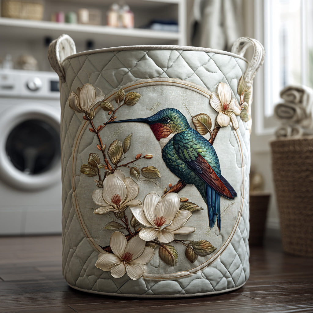 Daisy Hummingbird quilted laundry basket. Decorative fabric storage for home, bedroom, bathroom. Foldable organizer.