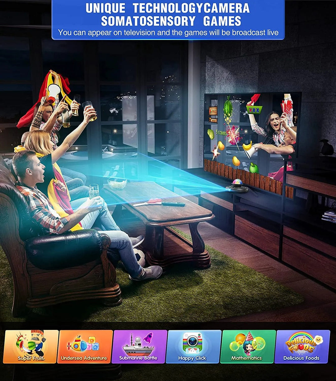 A group of friends having fun with the DanceMaster interactive dance mat