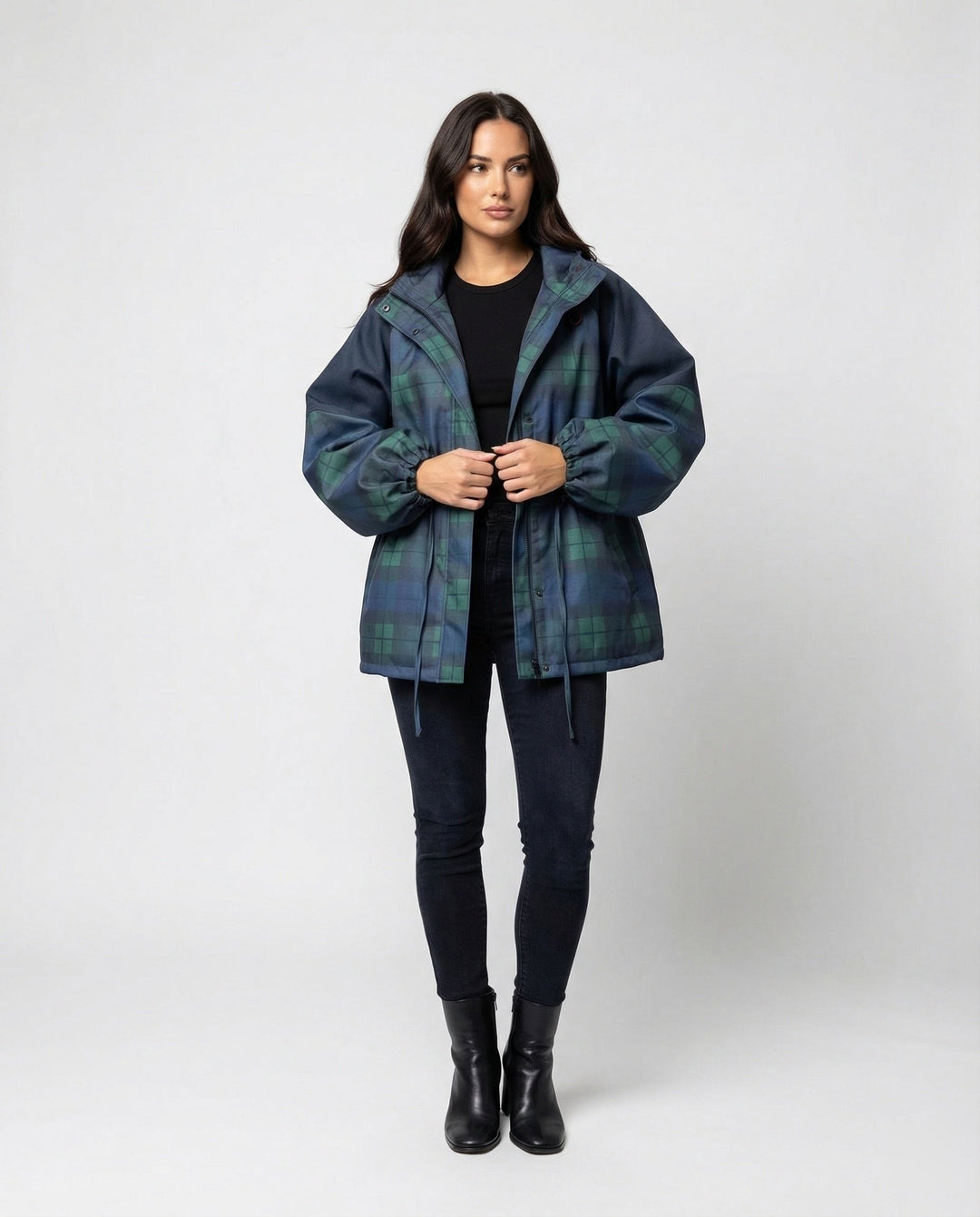 Dark blue women's plaid utility jacket, relaxed fit, ideal for casual fall & winter outerwear.