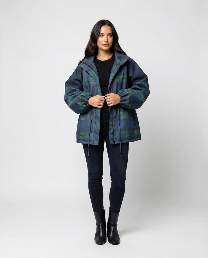Dark blue women's plaid utility jacket, relaxed fit, ideal for casual fall & winter outerwear.