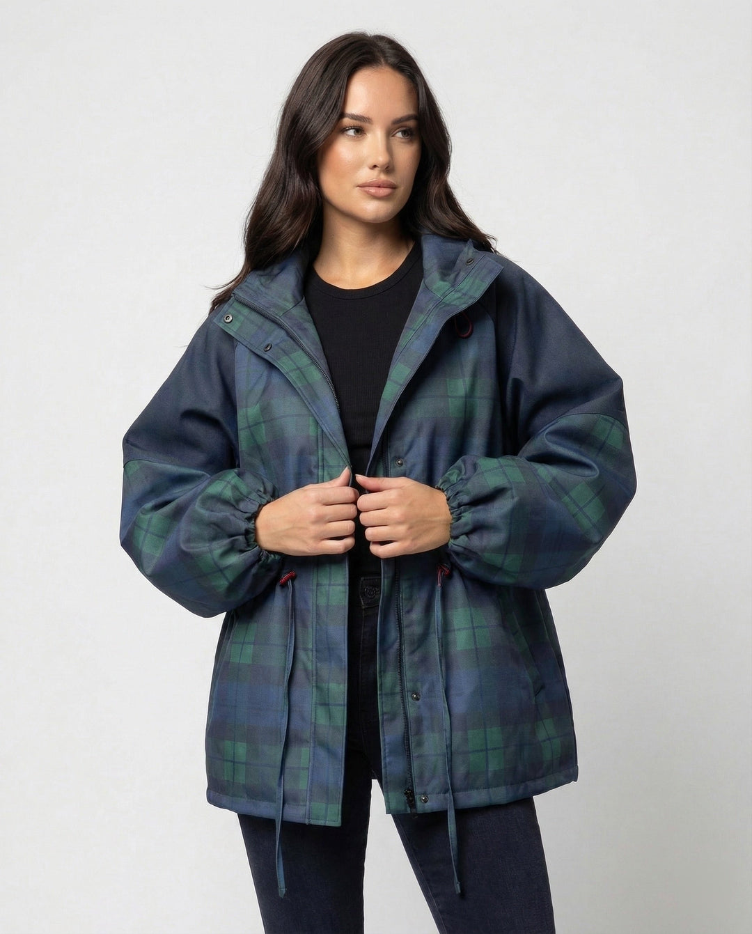 Chic women's dark blue plaid utility jacket with functional pockets, perfect for stylish everyday wear.