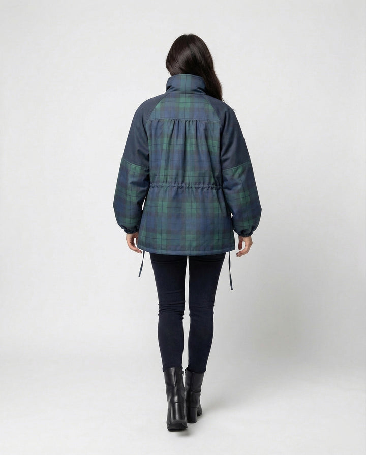 Women's dark blue plaid utility jacket, relaxed fit with practical design, great for versatile casual wear.