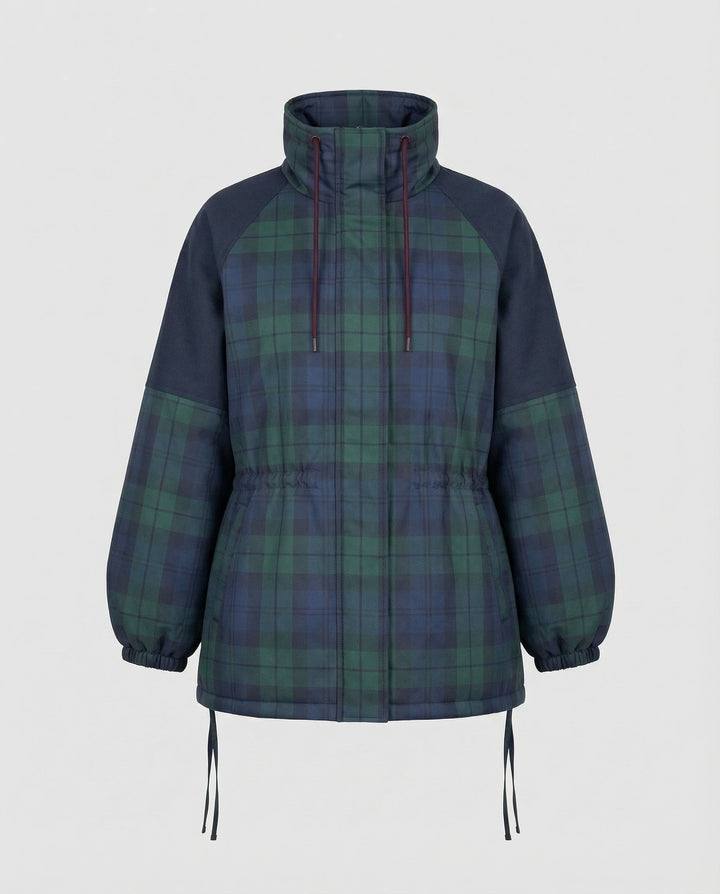 Stylish dark blue plaid utility jacket for women, relaxed fit, perfect for fall & winter casual outfits.