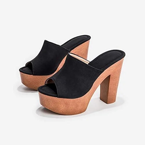 Elegant dark blue platform sandals for women, featuring a fashionable chunky block heel and platform.
