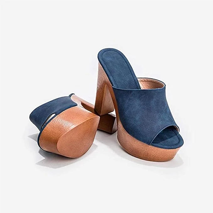 Stylish dark blue platform sandals for women, featuring a comfortable chunky heel and open-toe design.