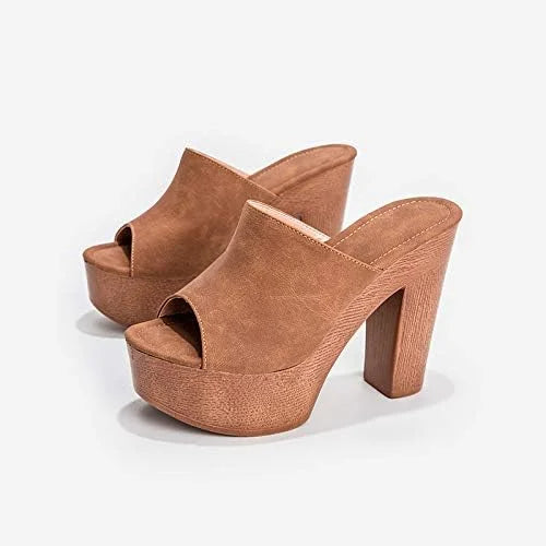Chic dark blue platform heel sandals for women, featuring a trendy chunky block heel and open toe.