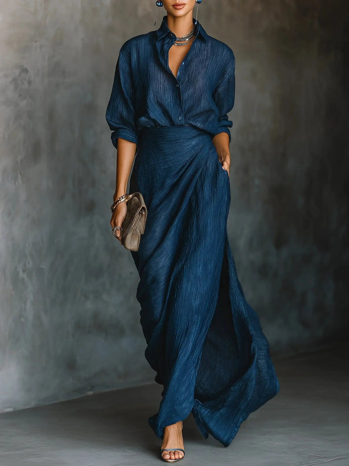 Dark blue women's V-neck long sleeve maxi dress for elegant, versatile casual or formal all-season wear.
