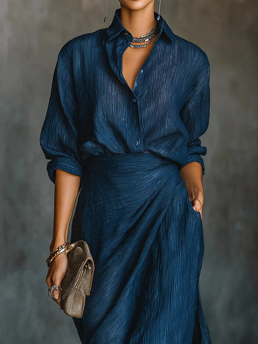 Elegant women's dark blue V-neck long sleeve maxi dress, perfect for sophisticated style in any season.