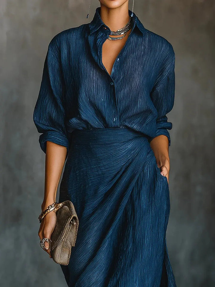 Elegant women's dark blue V-neck long sleeve maxi dress, perfect for sophisticated style in any season.
