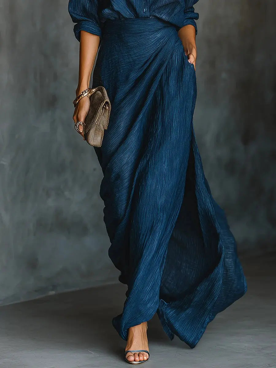 Stylish dark blue V-neck long sleeve maxi dress for women, offering effortless casual and formal elegance.