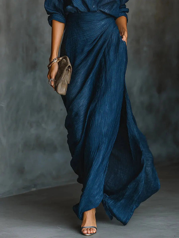 Stylish dark blue V-neck long sleeve maxi dress for women, offering effortless casual and formal elegance.
