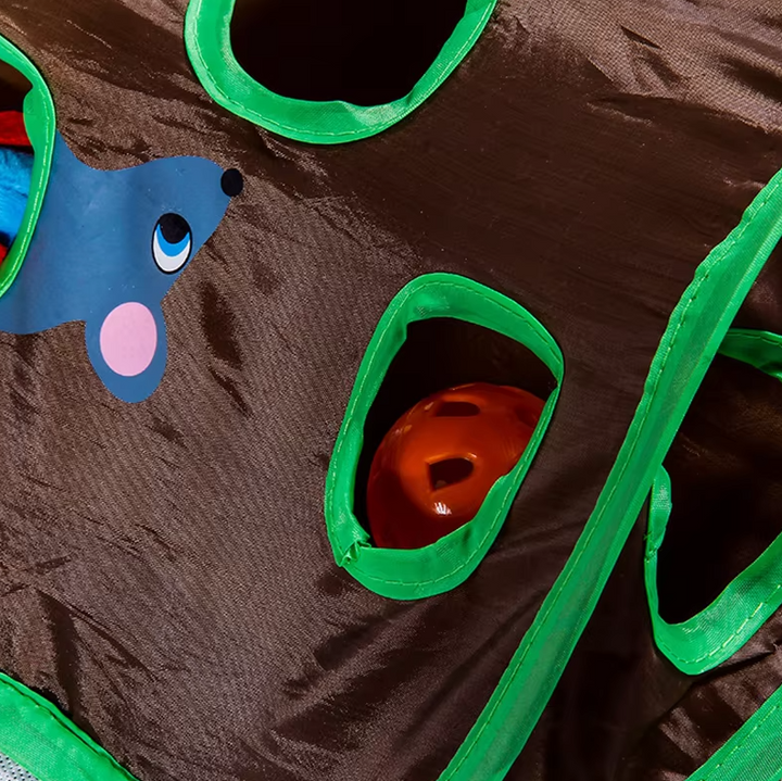 Cat's interactive dark brown playmat with tunnels for hide-and-seek and hunting enrichment.