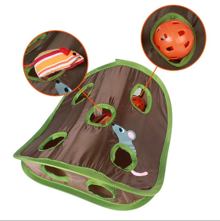 Dark brown hide & seek cat playmat; interactive pet enrichment toy for hunting and active play.