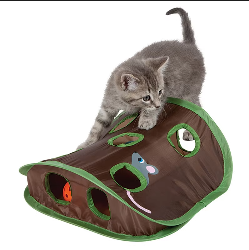 Pet enrichment dark brown cat playmat; interactive hide-and-seek toy for stimulating feline hunting instincts.
