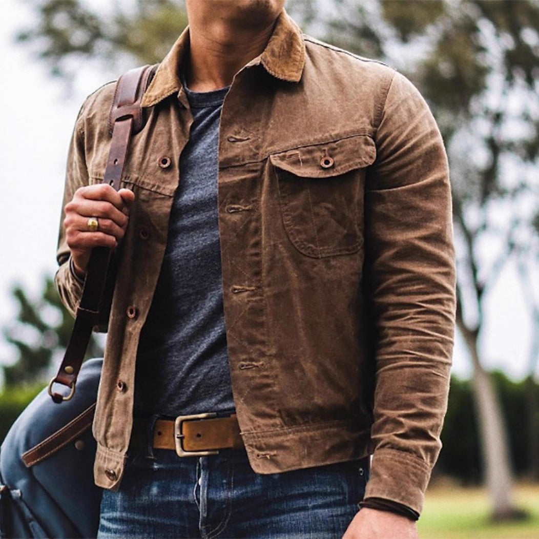 Dark brown men's vintage utility jacket with multiple pockets for casual everyday wear. Classic fit outerwear.